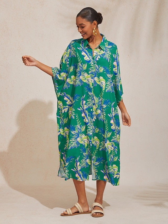 Leaf Print Shirt Short Sleeve Midi Chiffon Dress