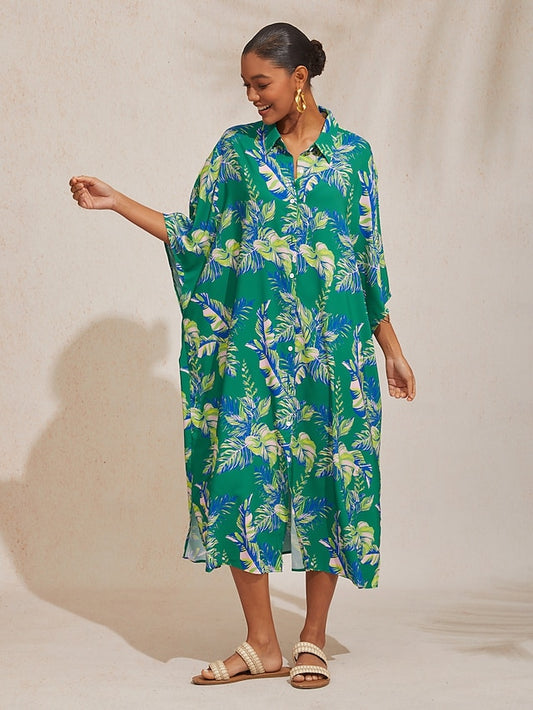 Leaf Print Shirt Short Sleeve Midi Chiffon Dress