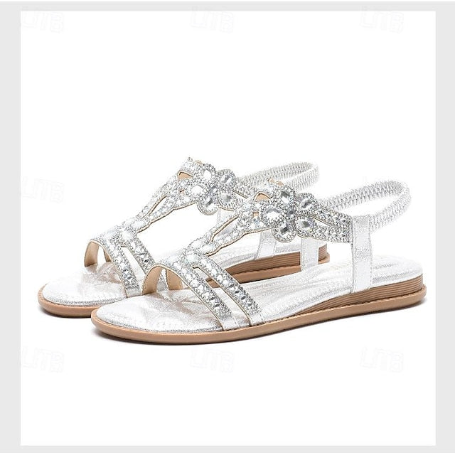 Flat Sandals Silver Women's – T-Strap Rhinestone Boho