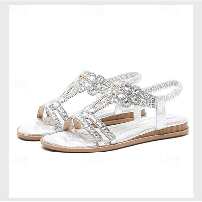 Flat Sandals Silver Women's – T-Strap Rhinestone Boho