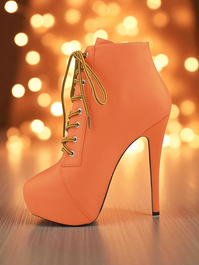 Boots Platform Beige Ankle - Women's Lace-Up Leather Faux