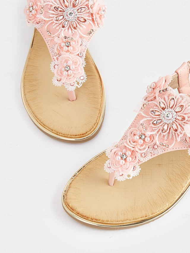 Women's T-Strap Lace Sandals Floral Embellished Pink –
