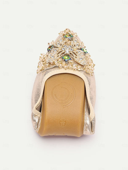 Gold Flats with Women's Crystal Foldable Glitter
