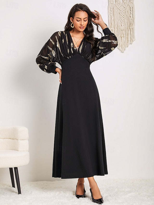 Women's Long Dress Sheer Feather Print Sleeves V-neck Black