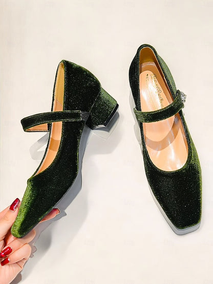 - Velvet Toe Square Green Jane Mary Pumps Block Women's
