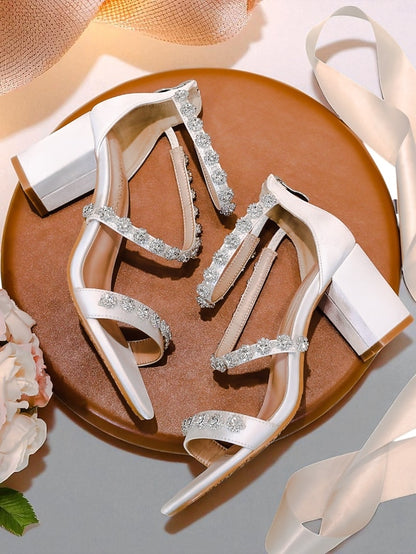 Elegant White Sandals Women's Block Rhinestone Heel - Open