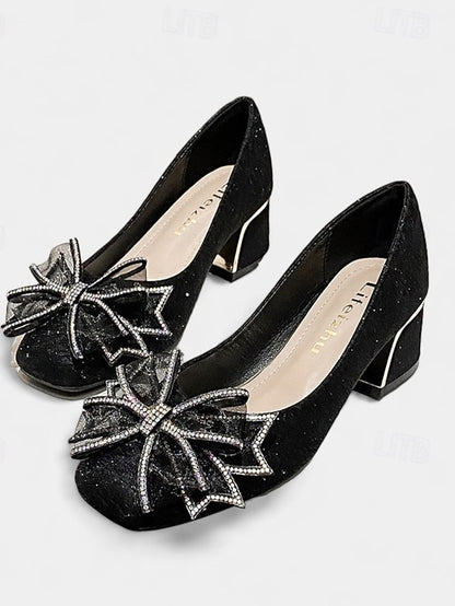 with Heel Pumps Bow - Gold Block Decoration Women's Glitter