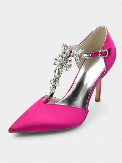 Blue – Satin Pointed Toe Heels Navy T-Strap Women's