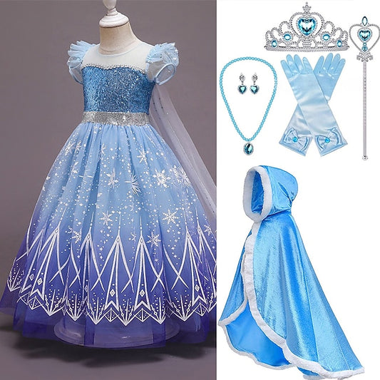 With Tulle Princess Cape Hooded Crown Dress Set Cloak Elsa
