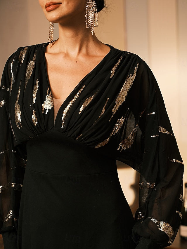 Women's Long Dress Sheer Feather Print Sleeves V-neck Black