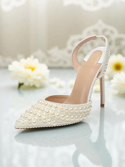 Heels - Slingback Leather White Women's Pearl-Embellished