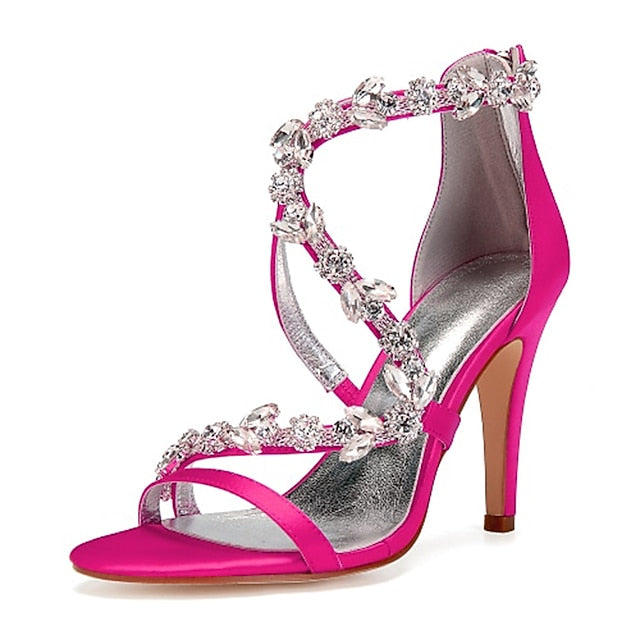 Floral Pink Sandals with High Heel Rhinestone Women's Satin