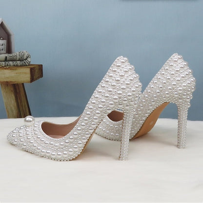 Purse White and Stiletto Round Pearl-Embellished Pearl Set Heels