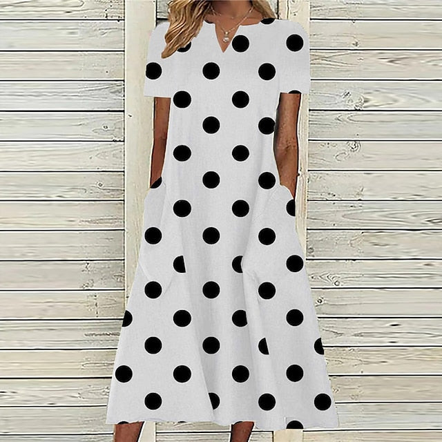 Polka Dot Midi Dress for Women - Casual V Neck Dress with Pockets