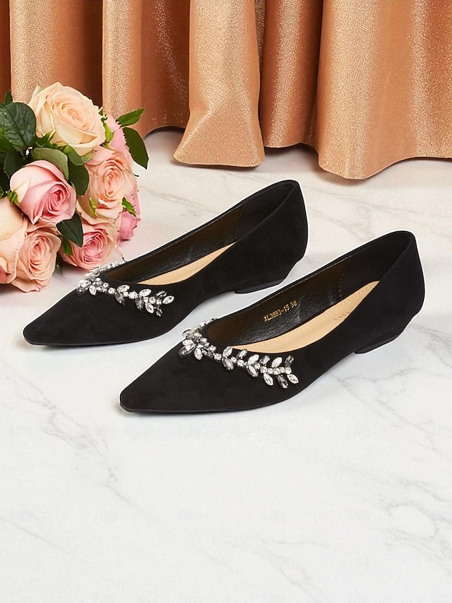 Black Suede Pointed Rhinestone Women's Flats Toe with
