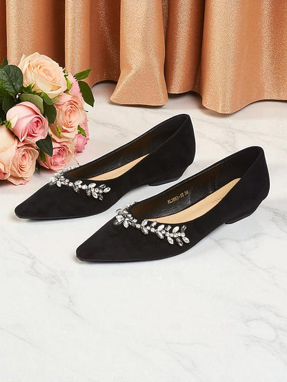 Black Suede Pointed Rhinestone Women's Flats Toe with