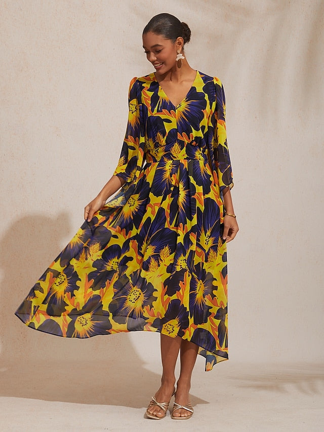 Vacation Abstract Floral Print Waist-defined Chiffon Maxi Dress
