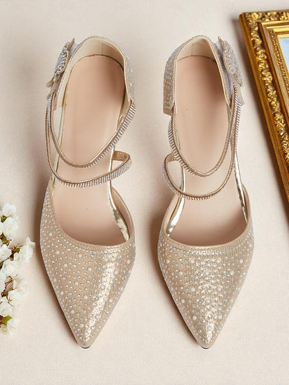 Glitter Ankle Women's Low Rhinestone Strap Heel Pointed Toe
