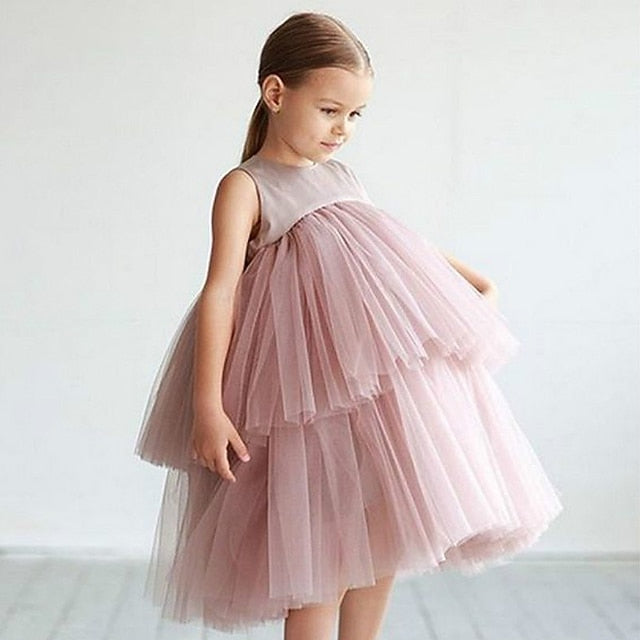 Party Kids Sleeveless Mesh Dress Wedding Color Girls' Solid