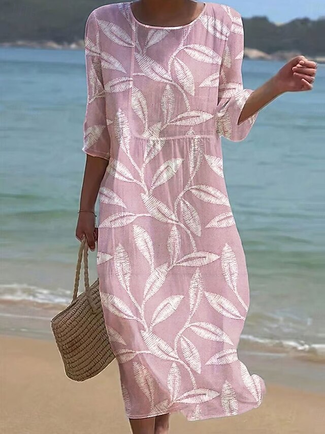 Women's Maxi Dress Kaftan 3/4 Length Sleeve Crew Neck