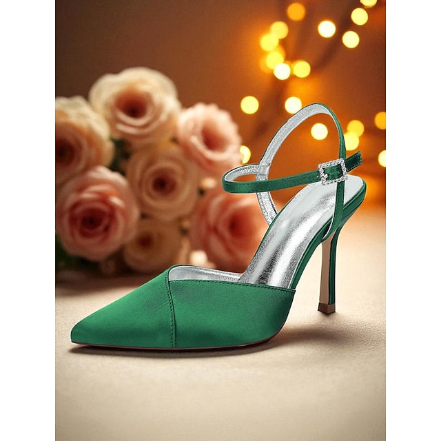 Strap Ankle - Women's with Green Satin Stiletto Heels