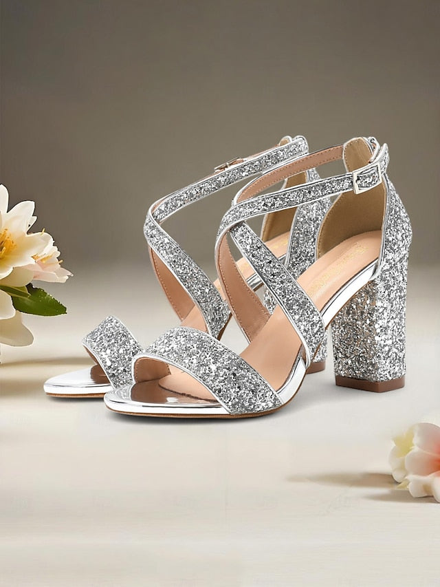 Glitter Gold Sandals Heel Block Women's