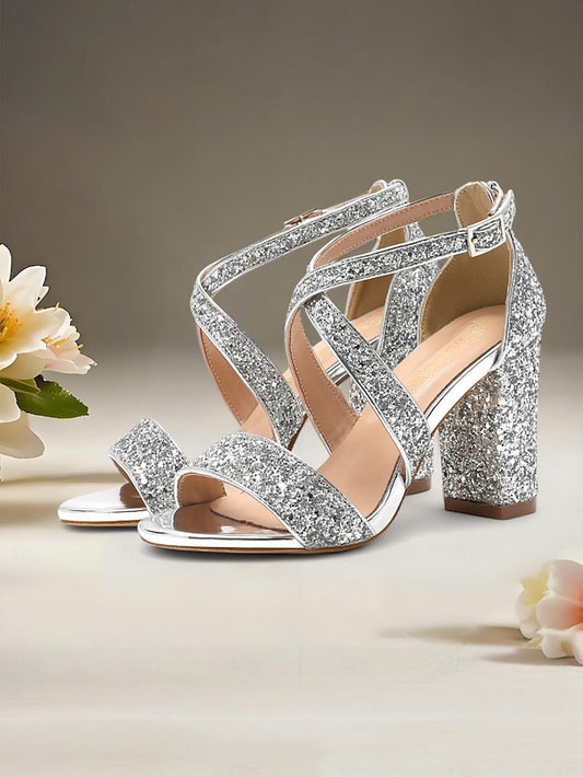 Glitter Gold Sandals Heel Block Women's