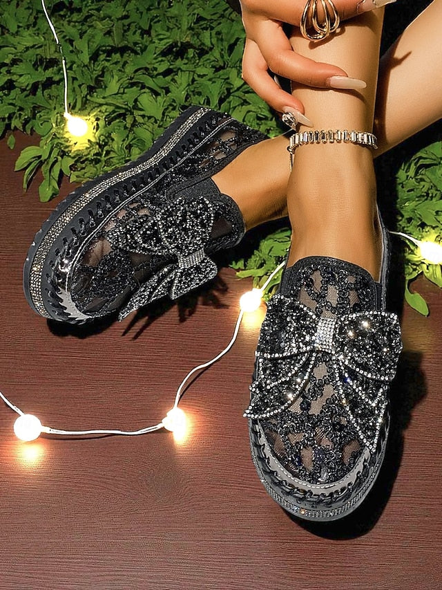 Black Women's Rhinestone with Shoes Slip-On Lace Bow