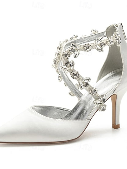 Heels Satin Women's White Pointed Crystal Strap – Elegant