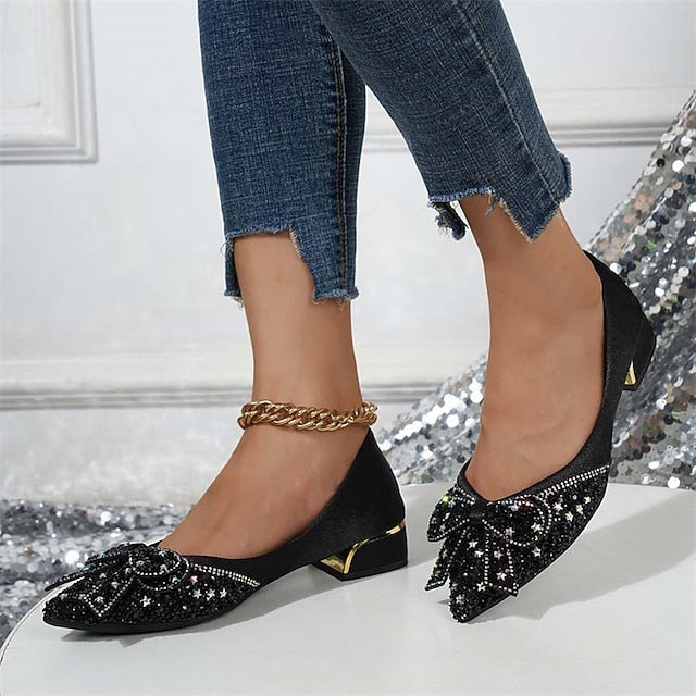 Women's Glitter Flats Rhinestone Detail - Elegant Bow with