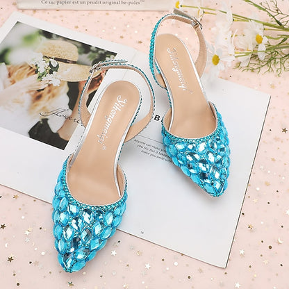 Heels Slingback Women's High Crystal Pointed-Toe Rhinestone
