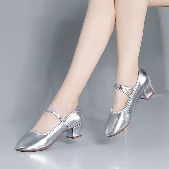 Women's with Low Mary Heel Jane Buckle Dance Gold Shoes