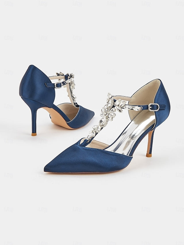– Blue Navy Pointed Toe Women's Heels T-Strap Satin
