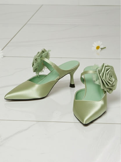 Satin Heels with Green Floral Toe Pointed Ankle Women's