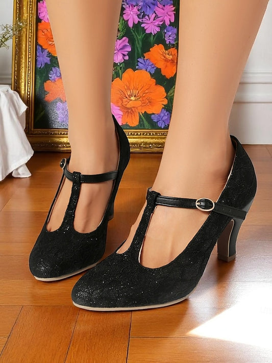 Lace Heel Ivory Mid T-Strap Women's Pumps-1920s Vintage