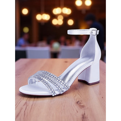 Purple Block with Heel Rhinestone Satin Sandals Women's