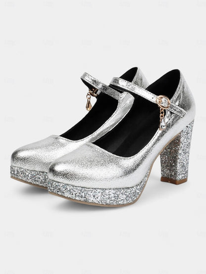 Jane Heel Block Sparkly Women's Glitter Gold Mary Pumps –