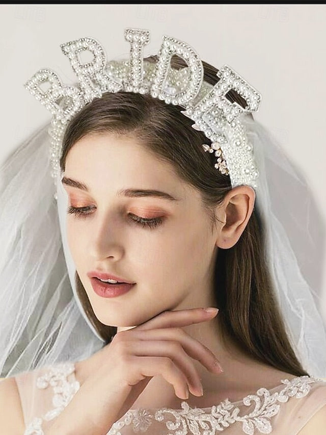 Pearl-Embellished 'BRIDE' Headband Veil – with