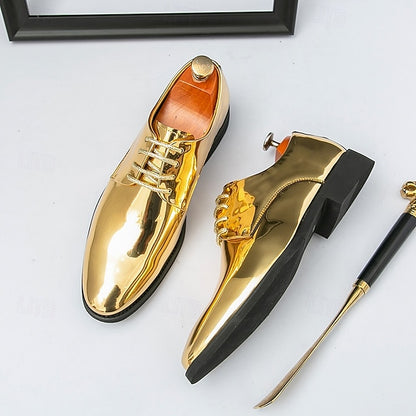 Patent Lace-Up Shoes Sleek Gold for Shiny – Leather Men