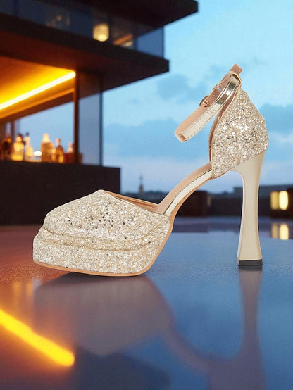 Women's Gold Platform Heels Glitter High