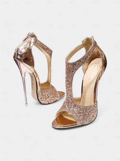 Design T-Strap Open Toe Glitter Gold and for Heels Stiletto with