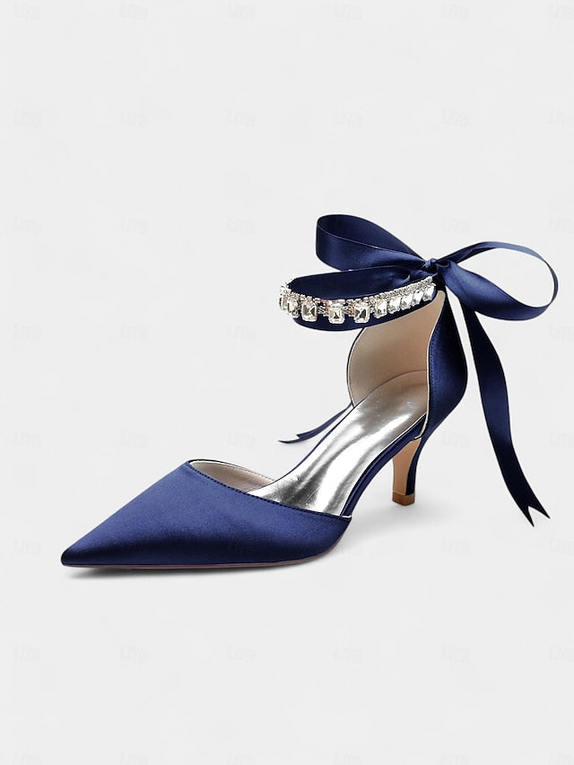 Ankle and Blue Pointed-Kitten Strap Heels with Satin Rhinestone