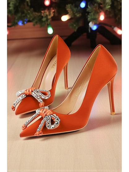 Stiletto with Crystal Orange Women's Heels Pointed Bow -