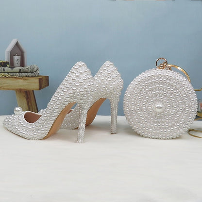 Purse White and Stiletto Round Pearl-Embellished Pearl Set Heels