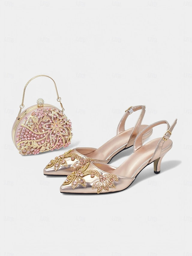 Gold Heels Matching with Embellished Slingback Handbag –