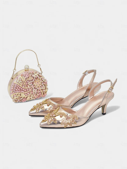 Gold Heels Matching with Embellished Slingback Handbag –