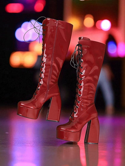 Lace-Up Platform Metallic - Women's Boots High Knee Silver