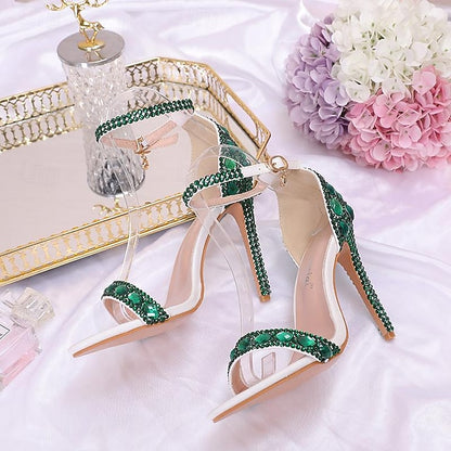 Women's Ankle Stiletto with Matching Rhinestone Heels Green