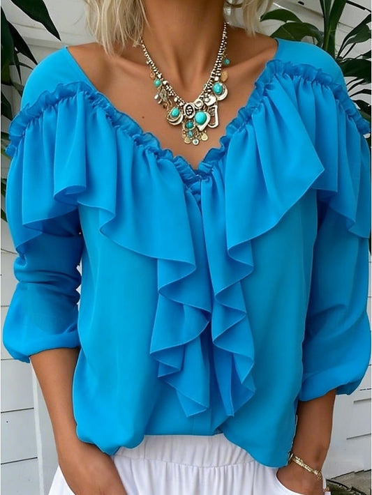 Women's Blouse Solid Color Stylish Casual Long Sleeve V