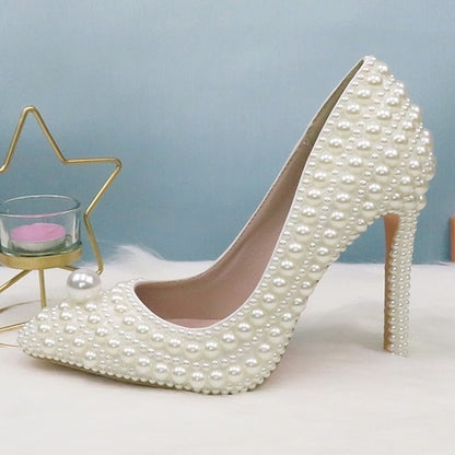 Purse White and Stiletto Round Pearl-Embellished Pearl Set Heels